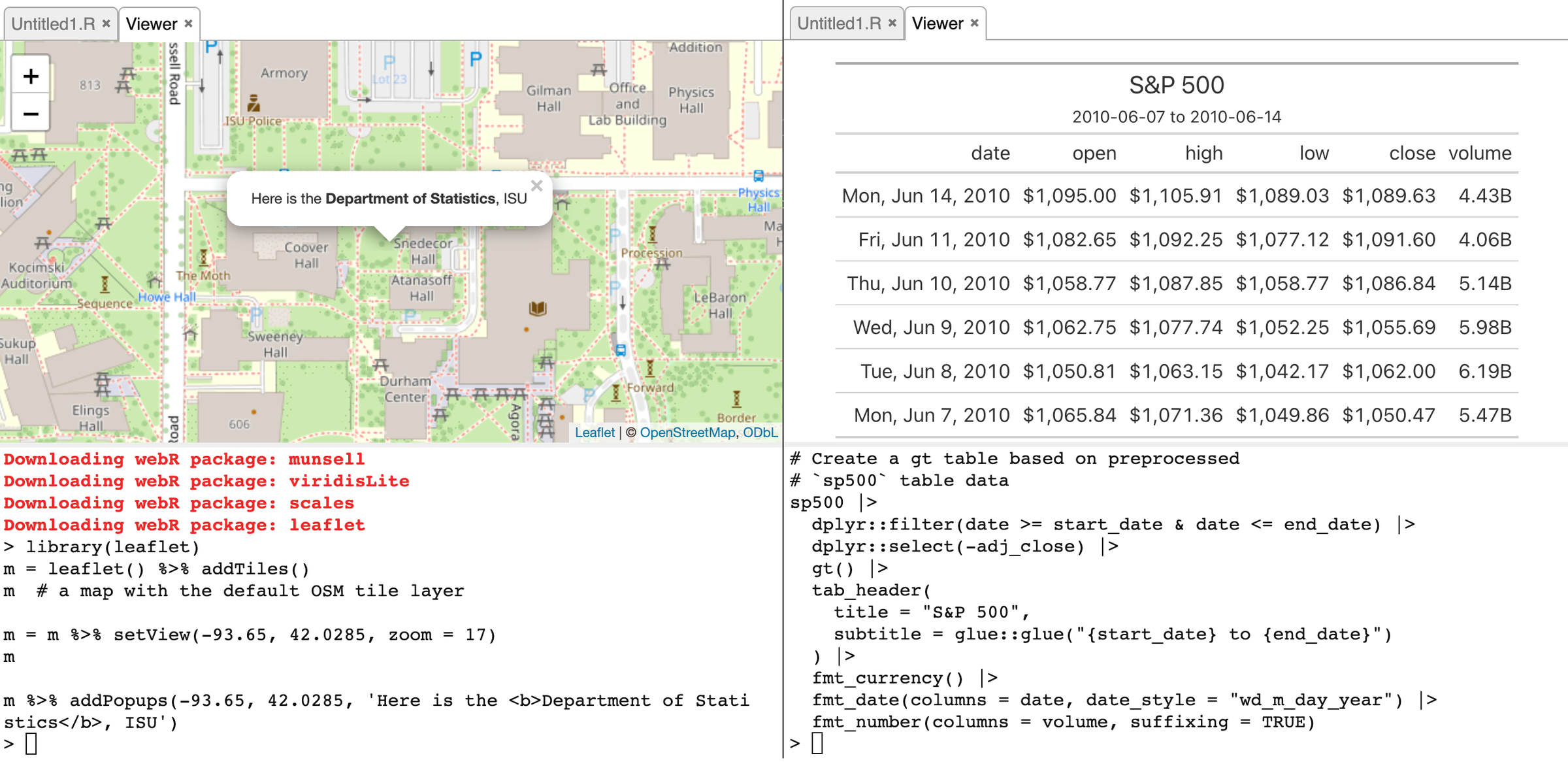 Screenshots of the webR REPL showing a tabular data viewer, an interactive map using the leaflet package, and a HTML table rendered using the gt package.